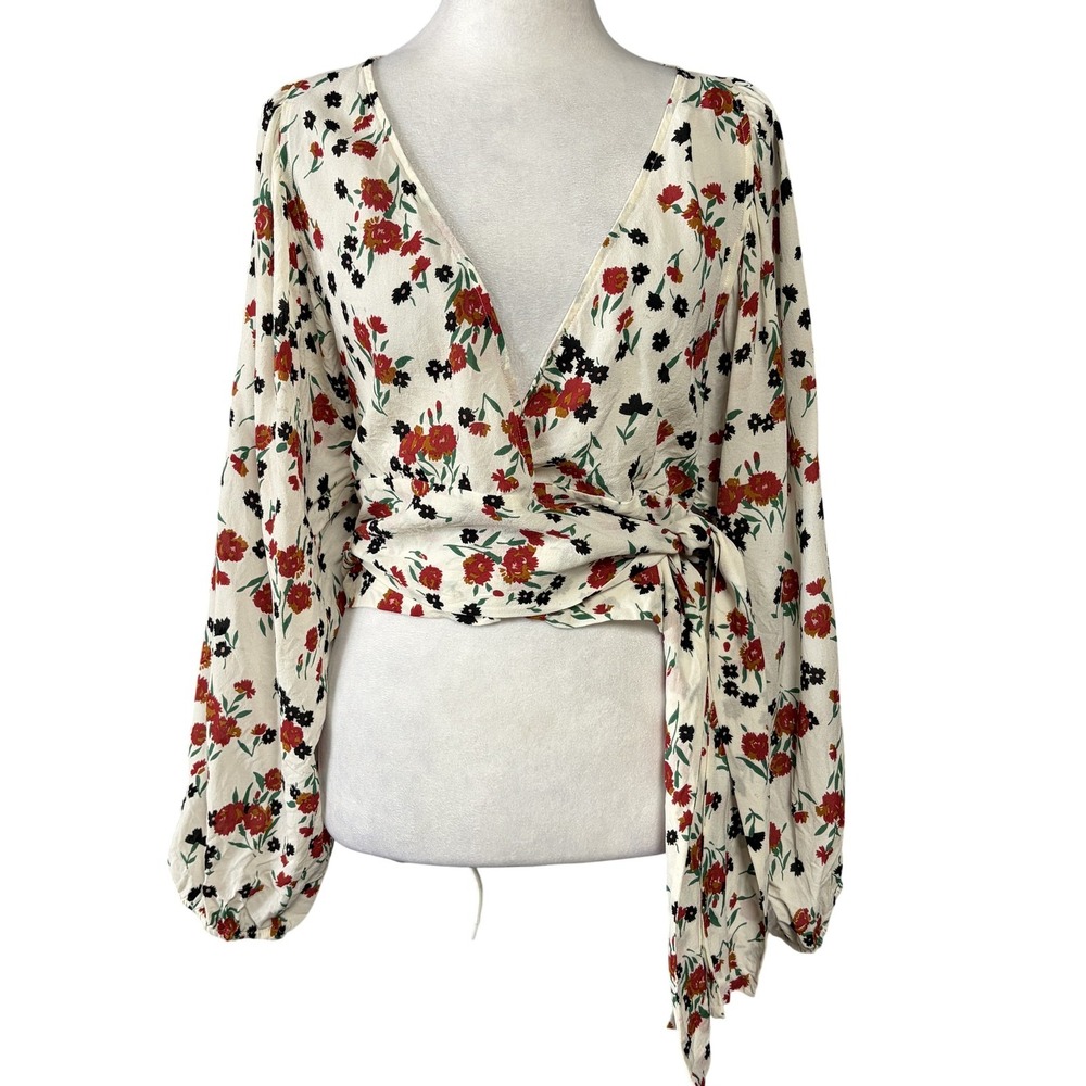 A.L.C. Wrap Blouseโ Womens 6 Floral Silk V Neck Balloon Sleeve Crop Top